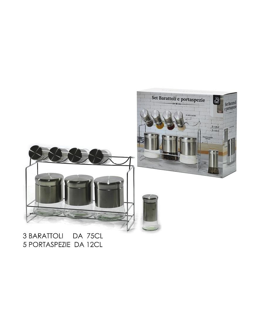 GLASS JARS + SPICE HOLDER 8 PIECES