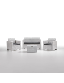 WHITE RATTAN LINE NEBRASKA SOFA SET 2, 2 ARMCHAIRS, 1 2-SEAT SOFA AND TABLE
