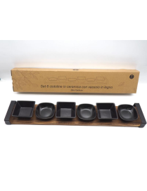 CERAMIC BOWLS 6 pieces 58x10cm BLACK WITH WOODEN TRAY