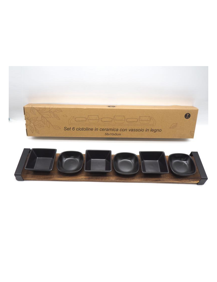 CERAMIC BOWLS 6 pieces 58x10cm BLACK WITH WOODEN TRAY