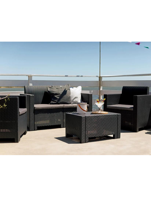 LINEA RATTAN ANTRACITE SET SOFA NEBRASKA 2, 2 POLTRONE, 1 SOFA 2 POSTI E TAVOLINO