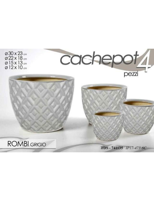 CACHEPOT CERAMICA 4 pezzi ROMBI GRIGIO