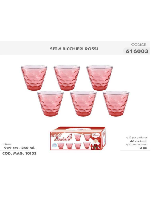 BICCHIERI IN VETRO 6pezzi 250ml ROSSI
