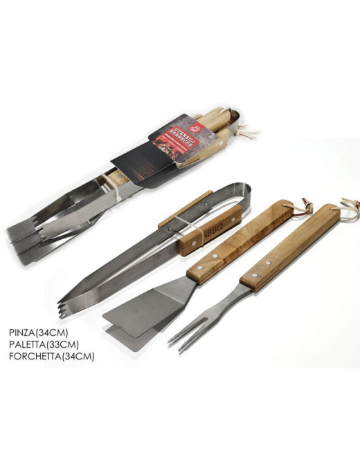ACCESSORI BARBECUE 3pezzi MANICO LEGNO