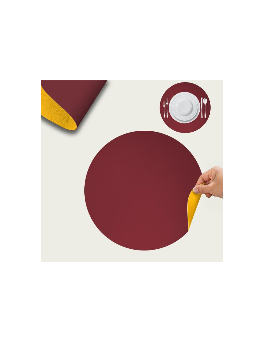 LEATHER PLACEMAT d.38 BORDEAUX+YELLOW