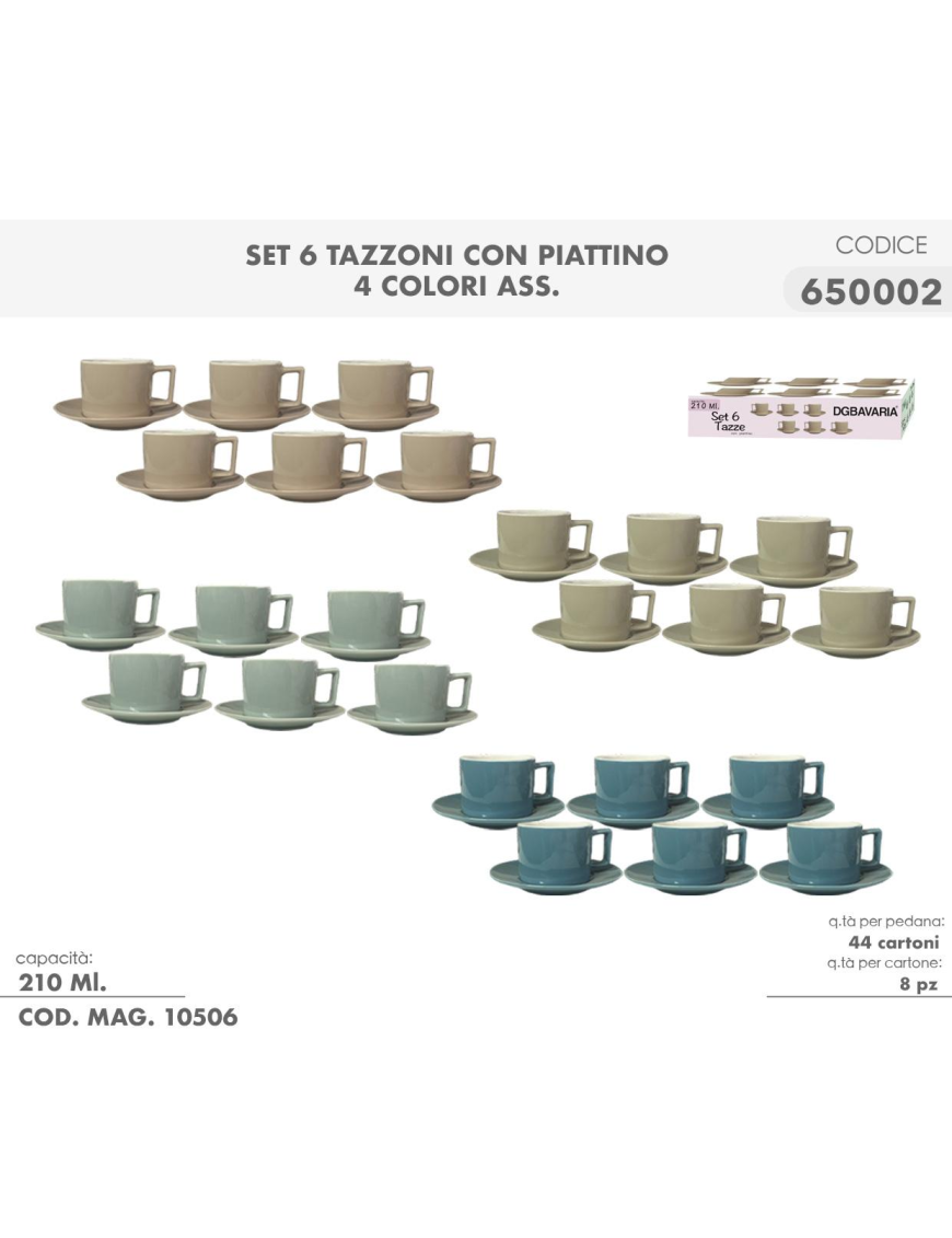 SERVIZIO CAFFe' 6pezzi CON PIATTINO  210ml COLORI ASSORTIT