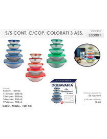 GLASS LINE CONTAINERS WITH LID 5 pieces ASSORTED COLORS, FOR FOOD, SNAP LOCK, LONG LIFE, MICROWAVE, REFRIGERATOR