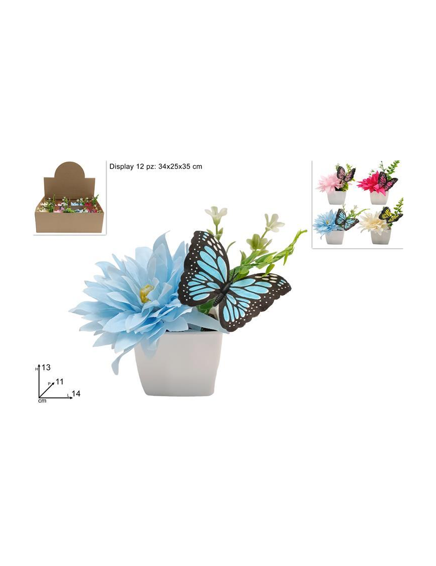 PIANTINA ARTIFICIALE PICCOLA DALIA CON FARFALLA COLORI ASSORTITI