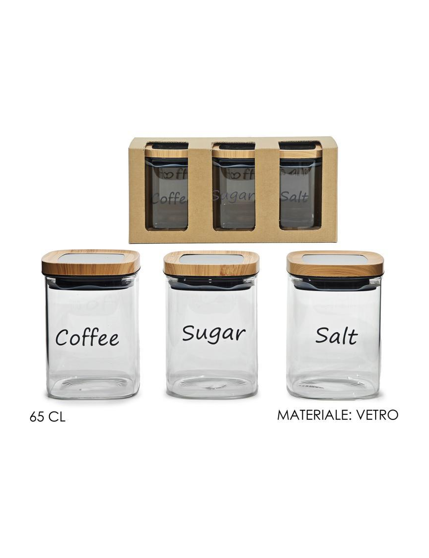 3-piece GLASS JARS WITH WOODEN CAP 65cl