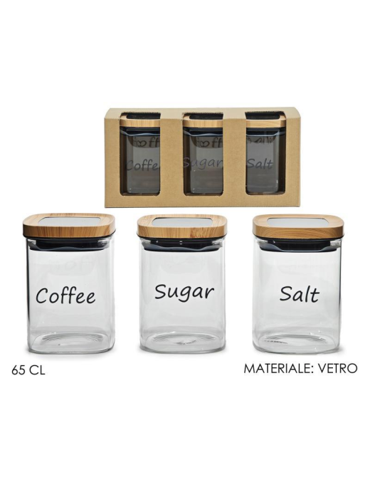 3-piece GLASS JARS WITH WOODEN CAP 65cl
