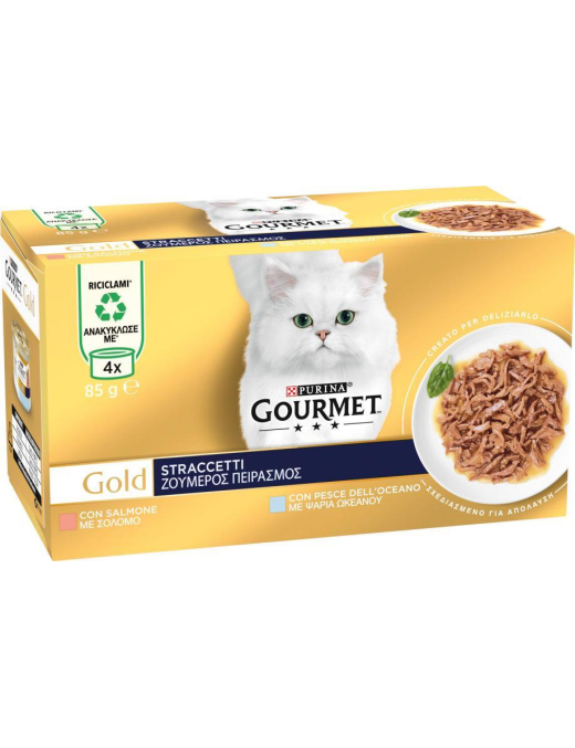 GOURMET GOLD 4x85gr STRACCETTI FISH/SALMON