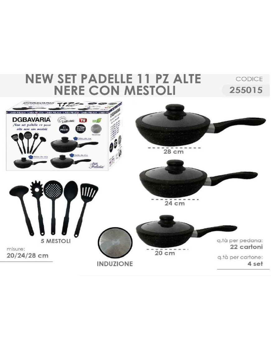 11-piece set of black pans and ladles