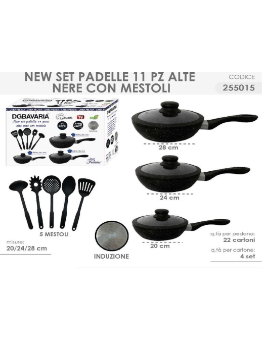 11-piece set of black pans and ladles