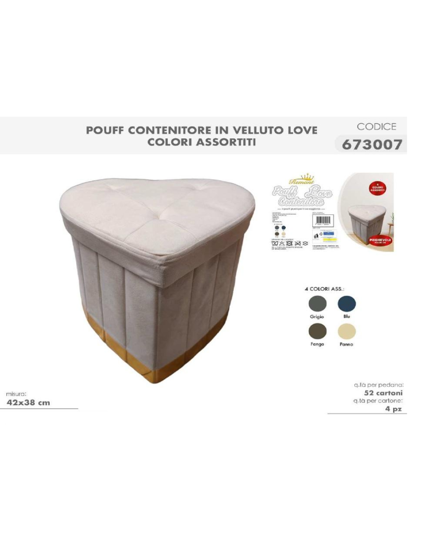 POUF CONTENITORE VELLUTO CUORE 42x38cm