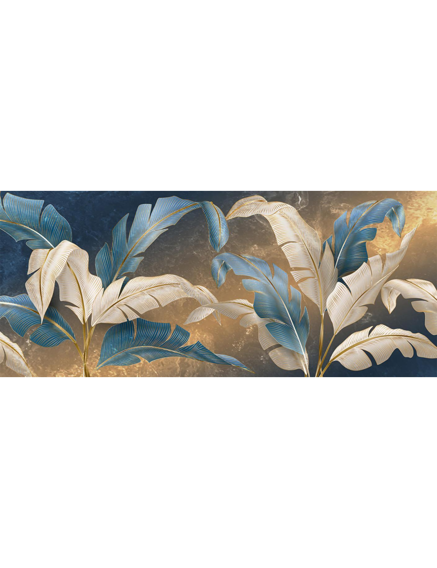 WORLD PAINTING 52x122cm LEAVES WHITE BLUE