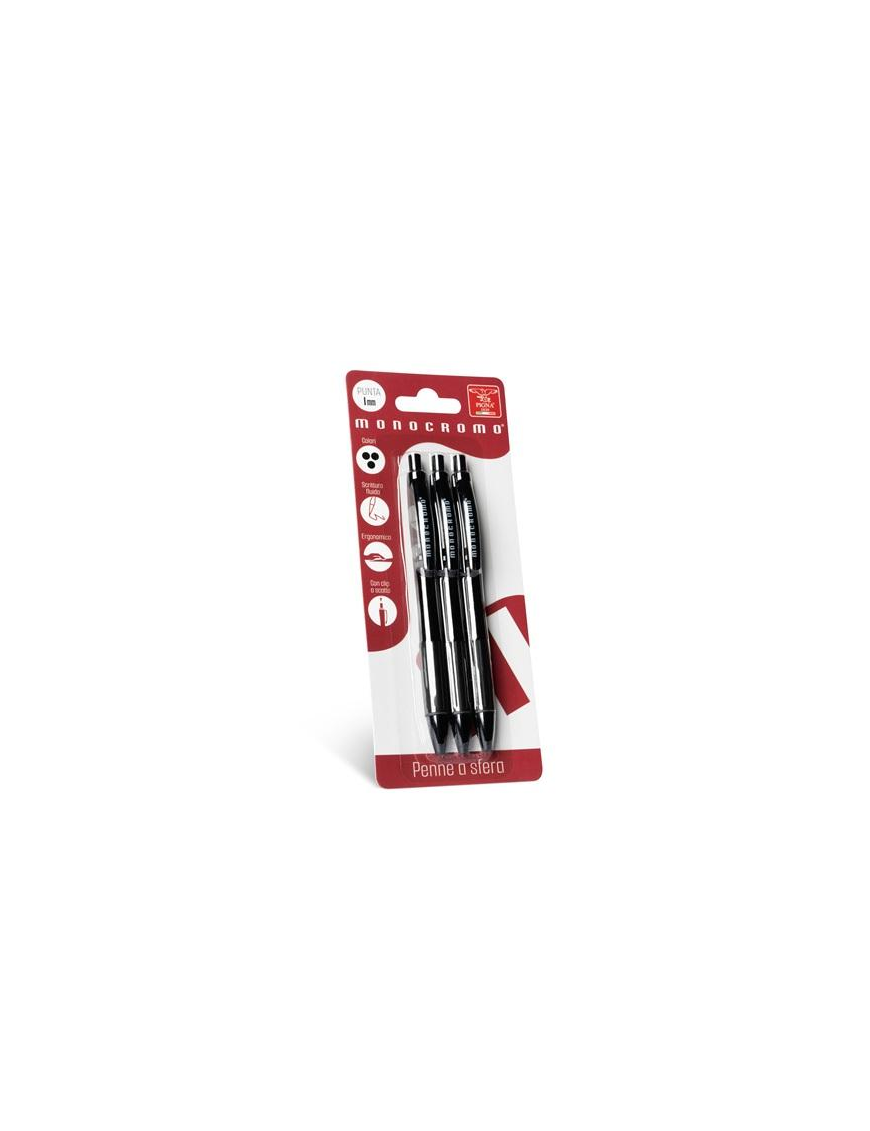 MONOCHROME 3-piece BLACK CLICKING BALLPOINT PENS