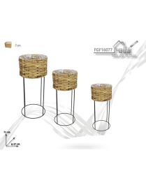 RATTAN+METAL LINE ROUND PLANT HOLDER 3 pieces