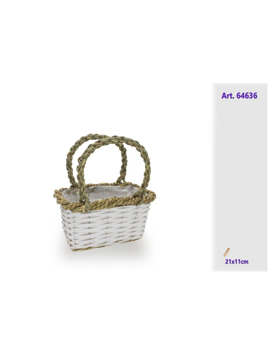 WHITE RATTAN LINE PLANT HOLDER BASKET 21x11cm