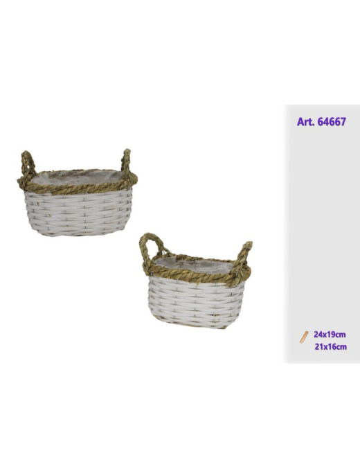 WHITE RATTAN LINE OVAL PLANT BASKETS 2 pieces