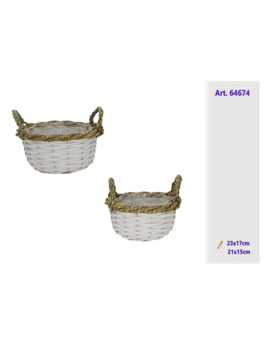 WHITE RATTAN LINE ROUND PLANT BASKETS 2 pieces