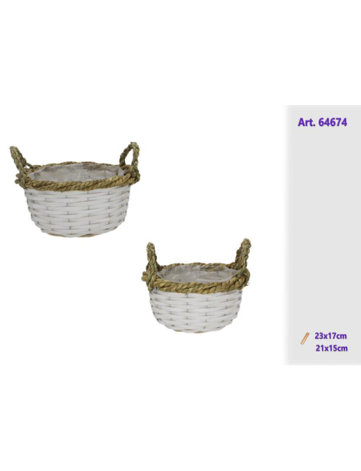 WHITE RATTAN LINE ROUND PLANT BASKETS 2 pieces