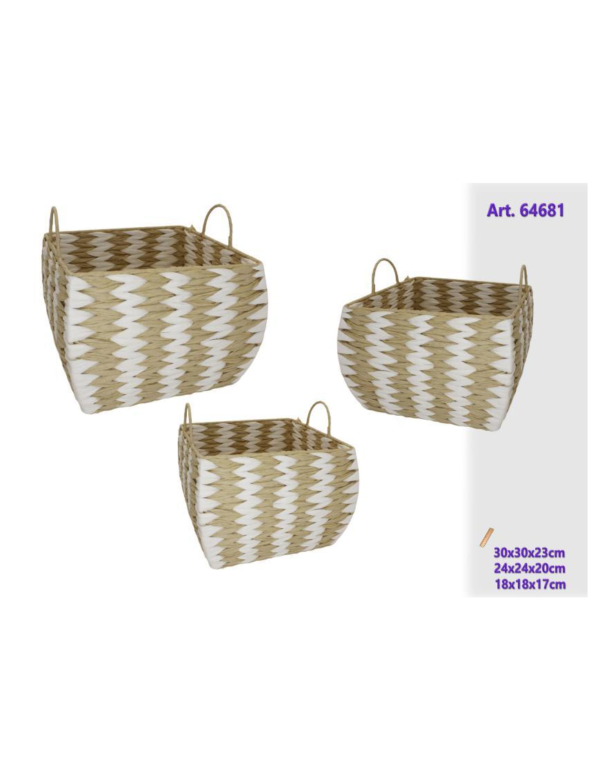 NATURAL/WHITE RATTAN LINE SQUARE PLANT HOLDER 3 pieces