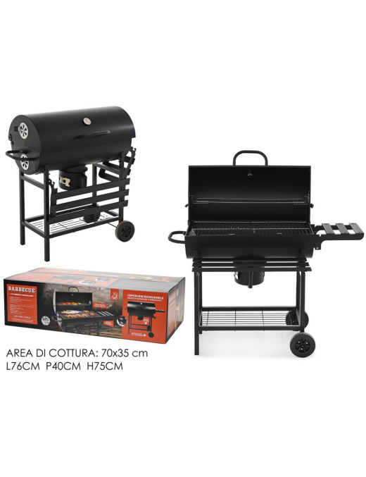 BARBECUE CON COPERCHIO E RUOTE 76x75cm