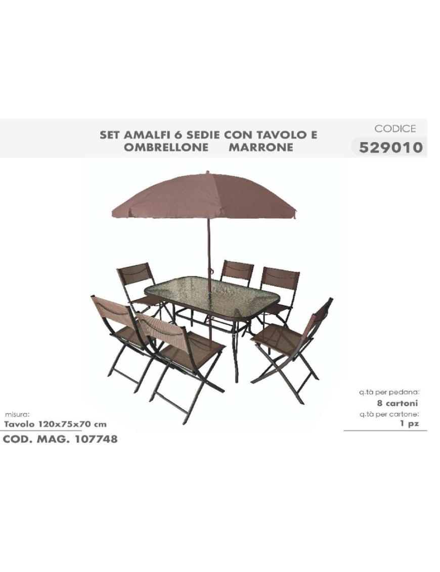 SET AMALFI TAVOLO 120x75x70 CM CON SEDIE E OMBRELLONE MARRONE