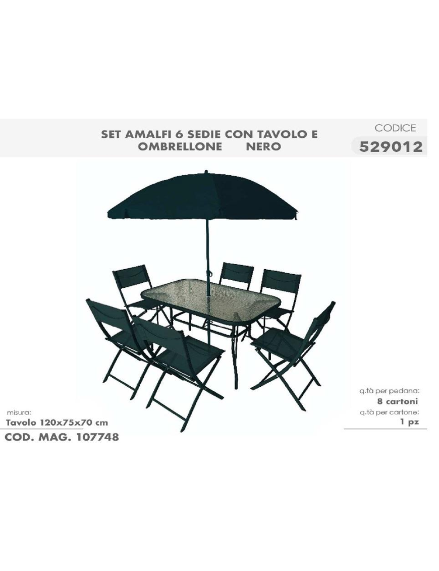 SET AMALFI TAVOLO 120x75x70 CM CON SEDIE E OMBRELLONE NERO