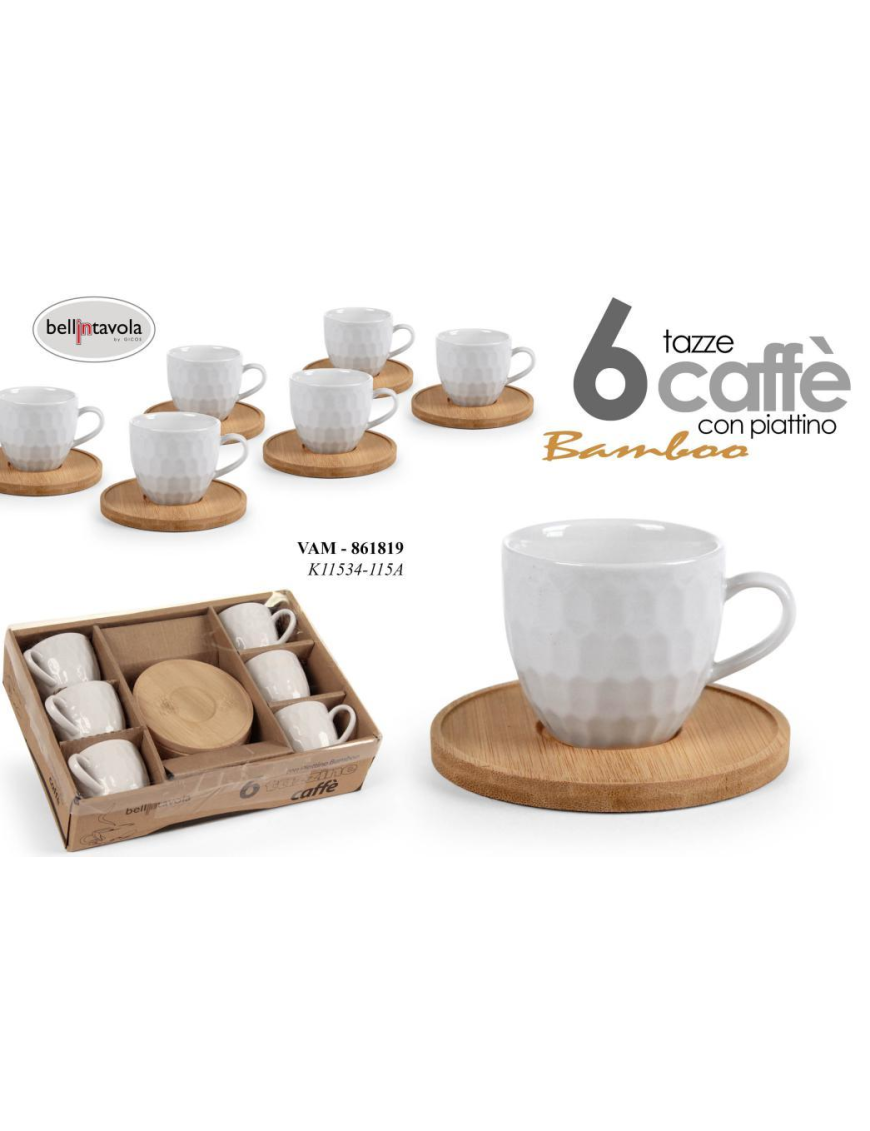 6-Piece Bamboo Coffee Cups with Saucers