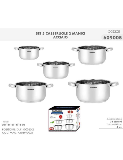 BATTERIA  5pz CASSERUOLE ACCIAIO 2 MANIC