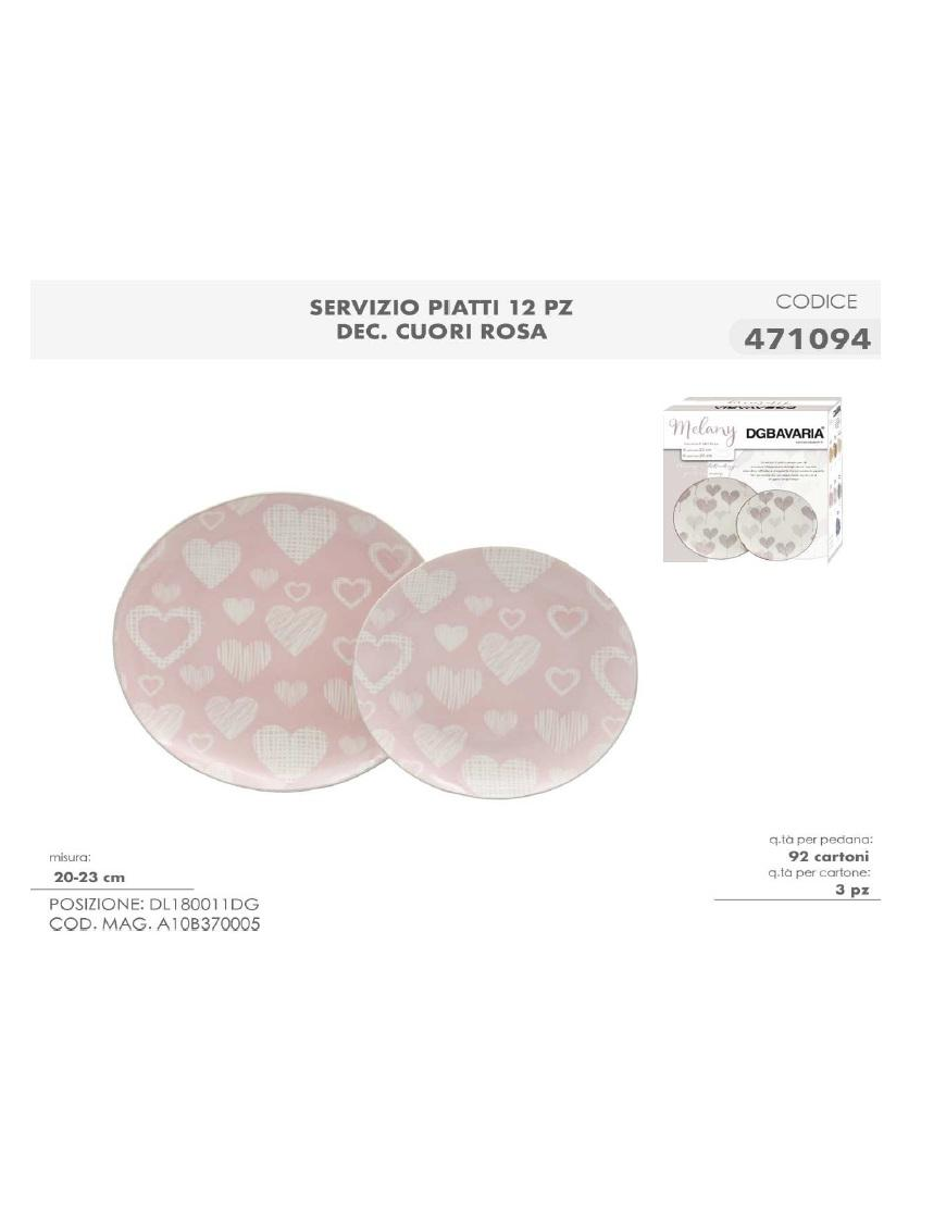 SERV.TAVOLA 12pz DEC. CUORI ROSA
