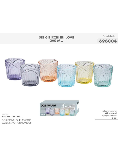 L.VETRO BICCHIERI 300ml 6pz LOVE