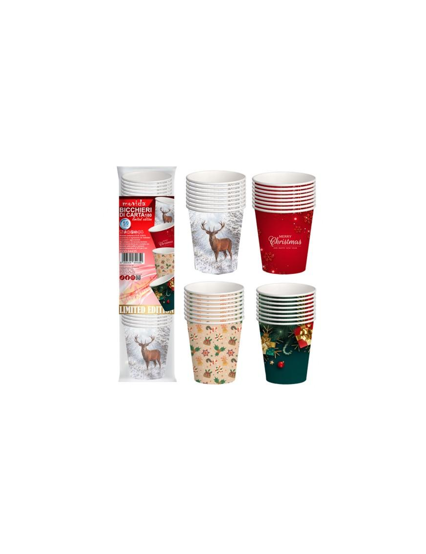 CHRISTMAS MIX PAPER GLASS 180 MM WATER 50 PIECES