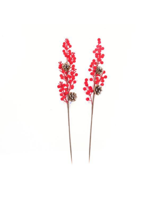 RED FLOCKED BERRIES PICK 61 CENTIMETERS WITH PINE CONES