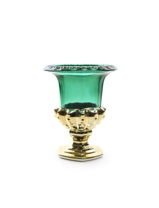 GOLD/GREEN CHALICE CANDLE HOLDER 16x19cm