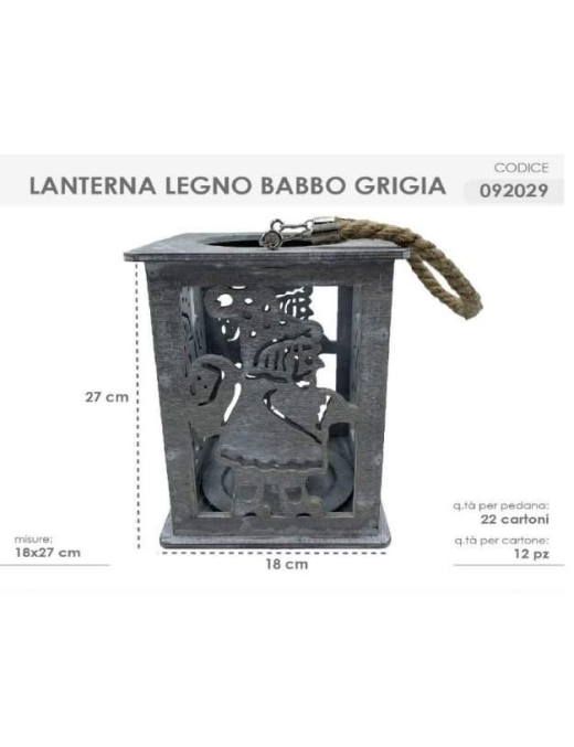 LANTERNA LEGNO BABBO GRIGIA 18x27cm$$