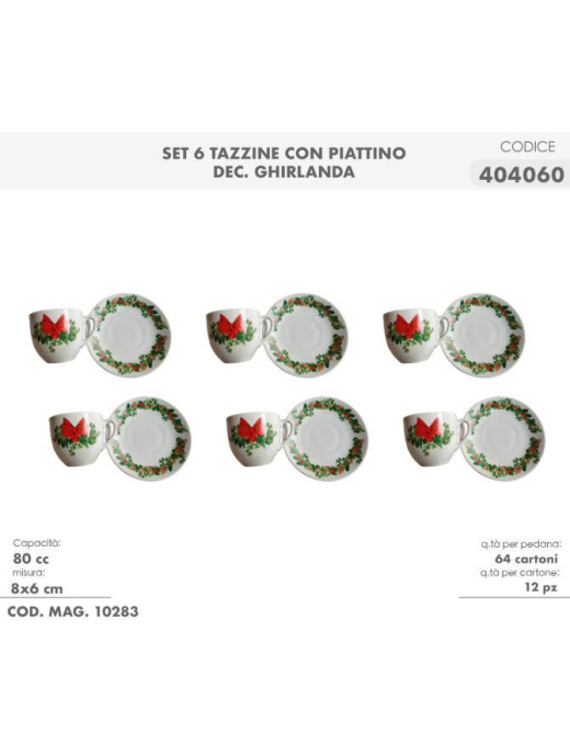 SERVIZIO CAFFe' 6 PEZZI CON PIATTINO DECORAZIONE GHIRLAND