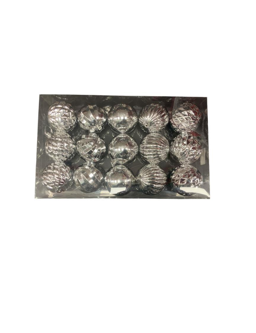 SILVER COLOR PLASTIC BALL 8cm 15pieces METALLIC LINE