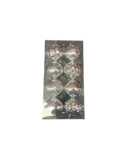 SILVER COLOR PLASTIC BALL 10cm 8 pieces METALLIC LINE