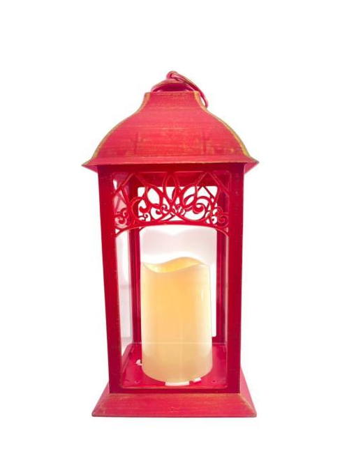 RED EMBROIDERED LANTERN 14x14x31cm