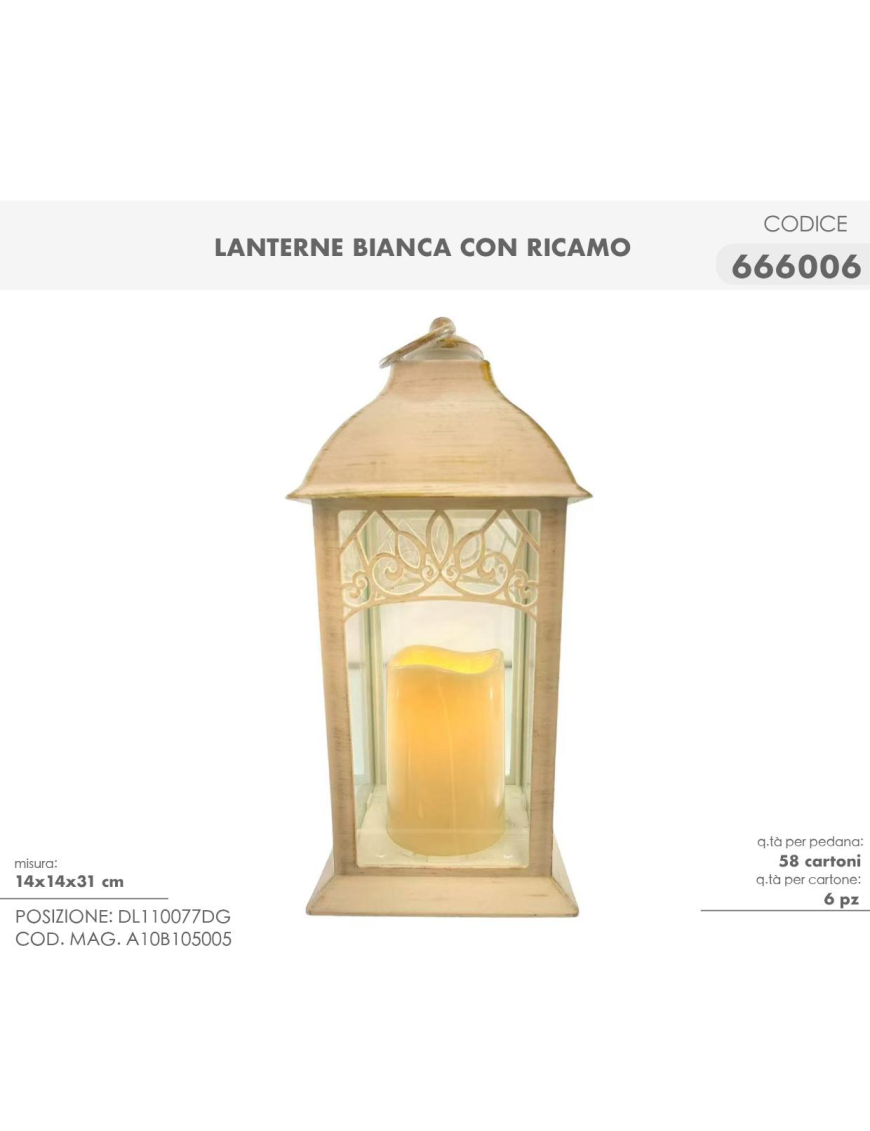 WHITE EMBROIDERED LANTERN 14x14x31cm