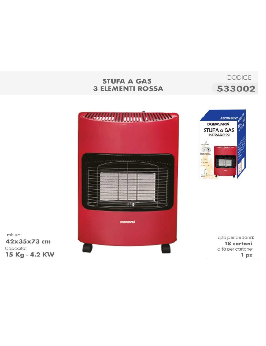 3-ELEMENT GAS STOVE 4.2 KW RED 42x35x73 CM
