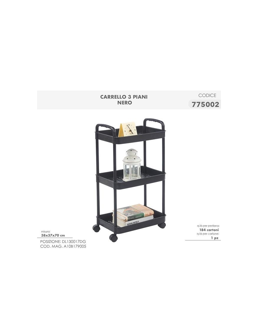 CARRELLO NERO 3 PIANI 38x37x70cm