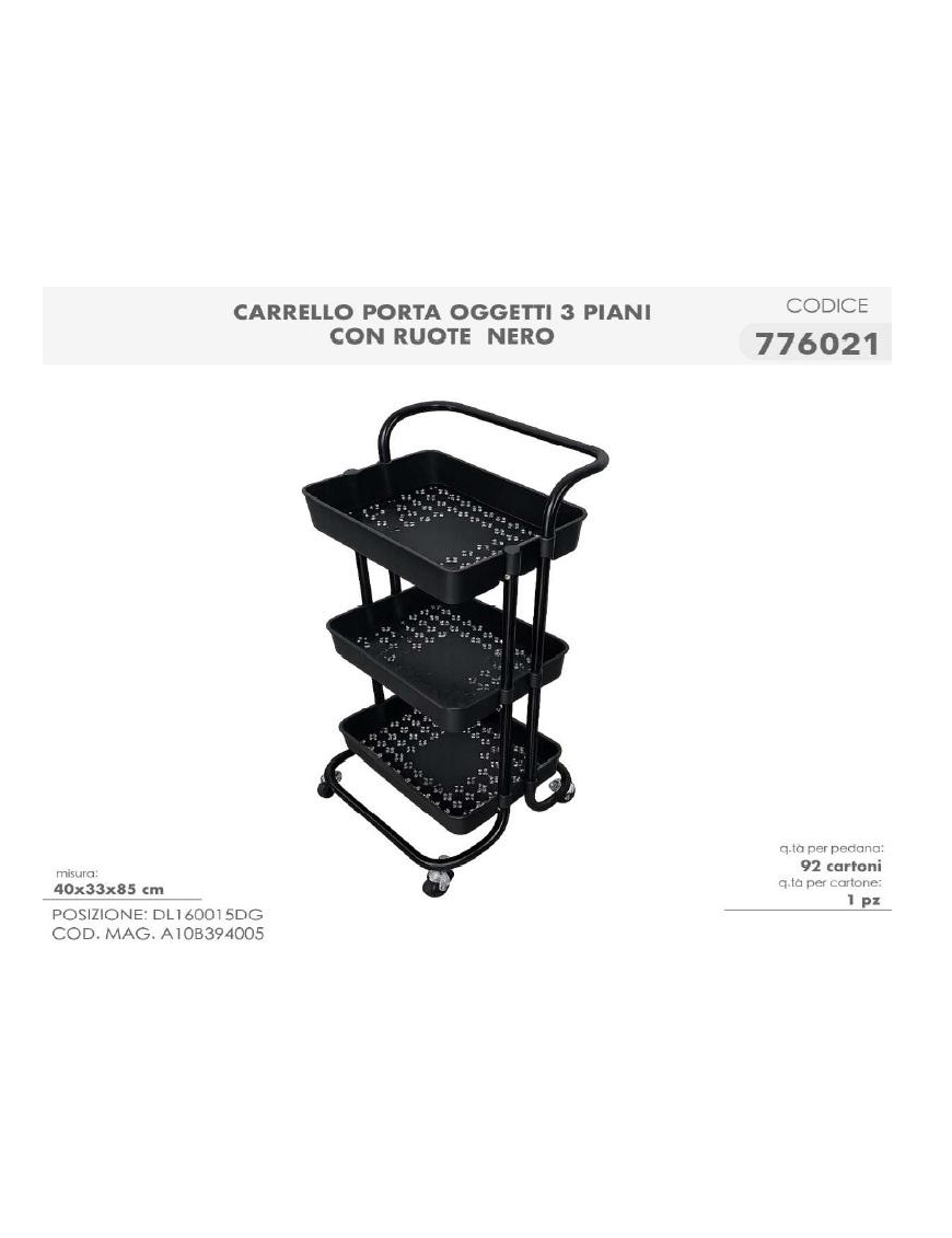 CARRELLO NERO 3 PIANI PORTAOGGETTI
