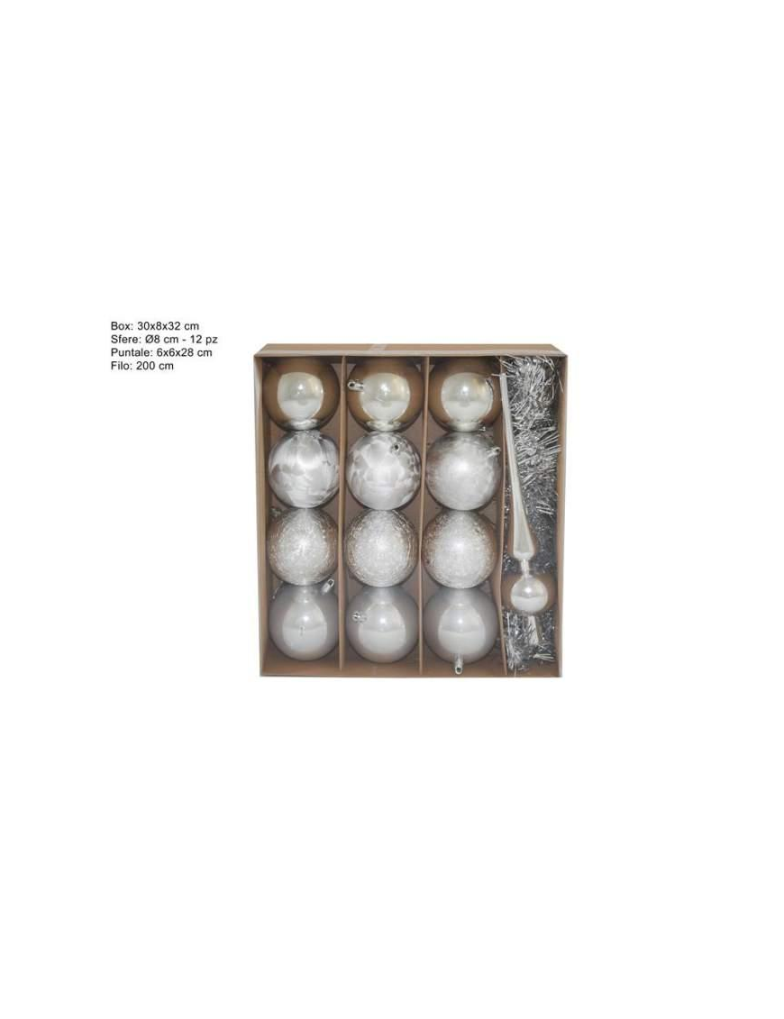 KIT ARGENTO PUNTALE+SFERE 8cm 12pezzi