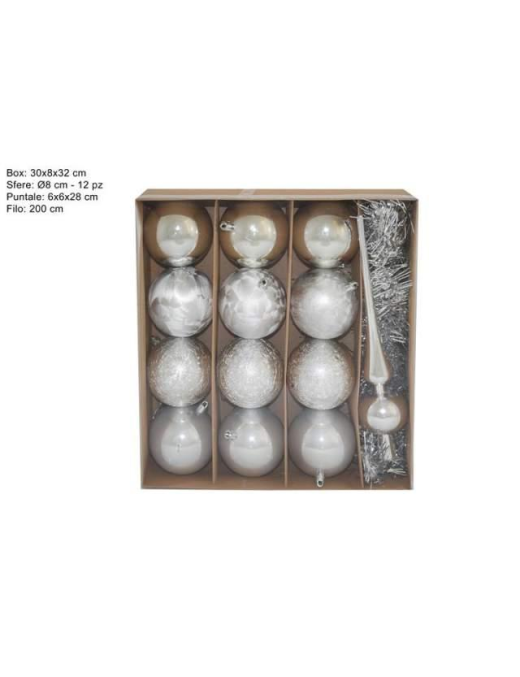 KIT ARGENTO PUNTALE+SFERE 8cm 12pezzi