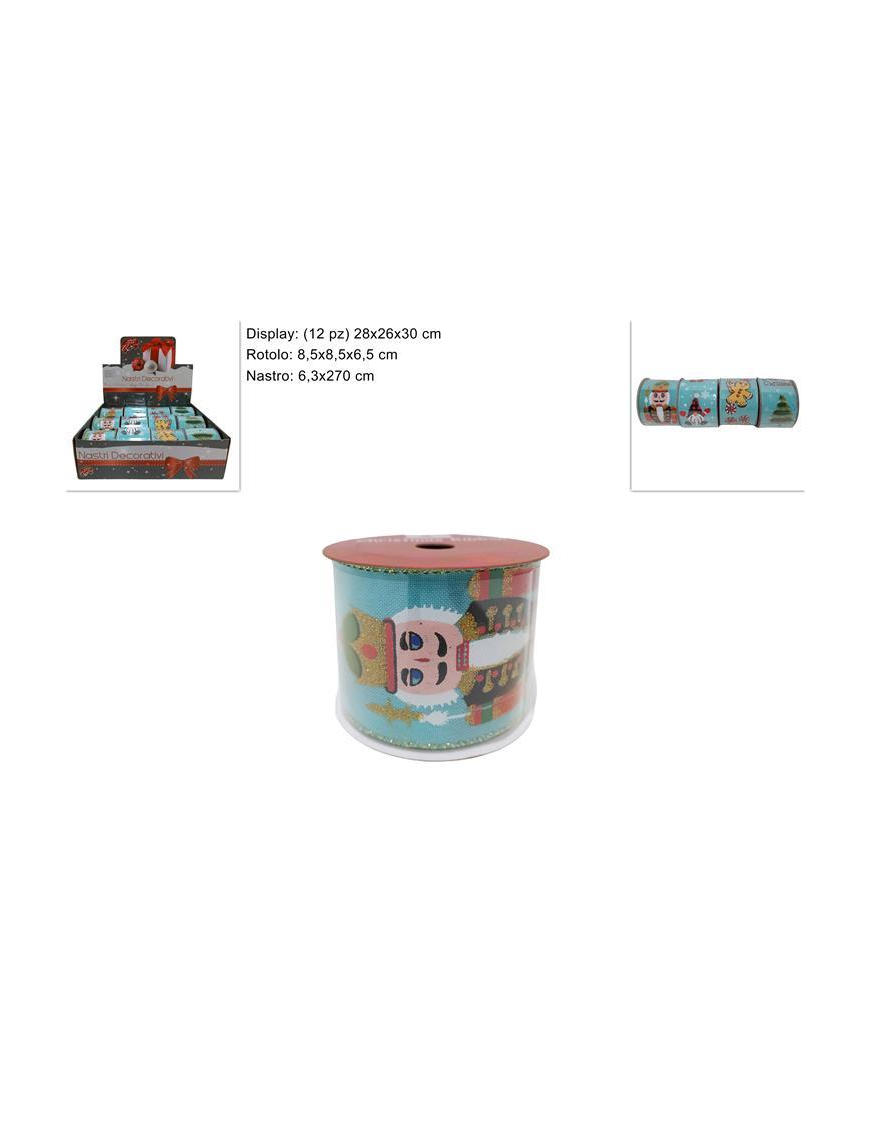 NASTRO TESSUTO CELESTE DECORO NATALIZIO 6,3x270c