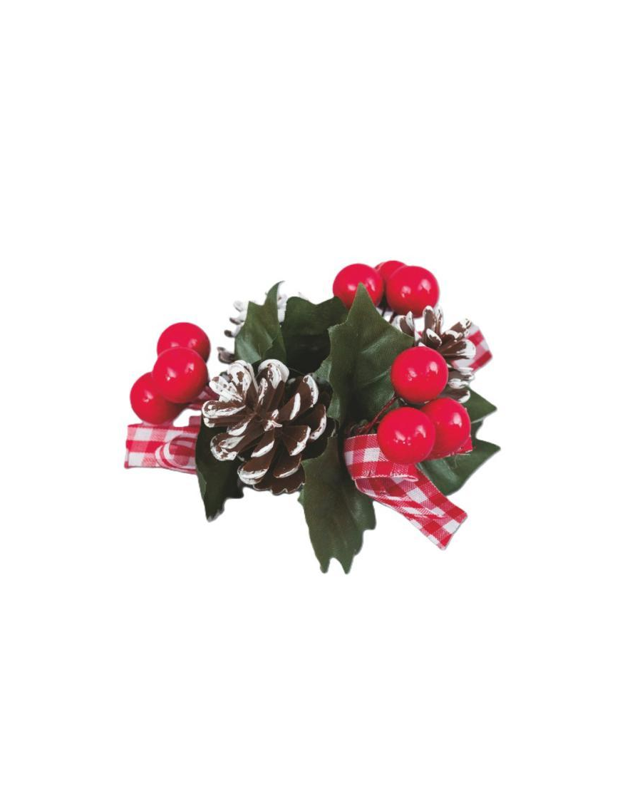 GIROCANDELA 10cm ROSSO CON BACCHE E PIGNA
