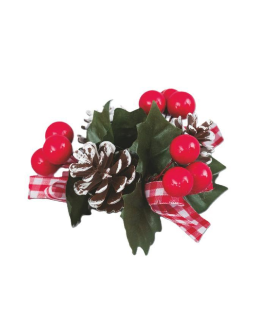 GIROCANDELA 10cm ROSSO CON BACCHE E PIGNA